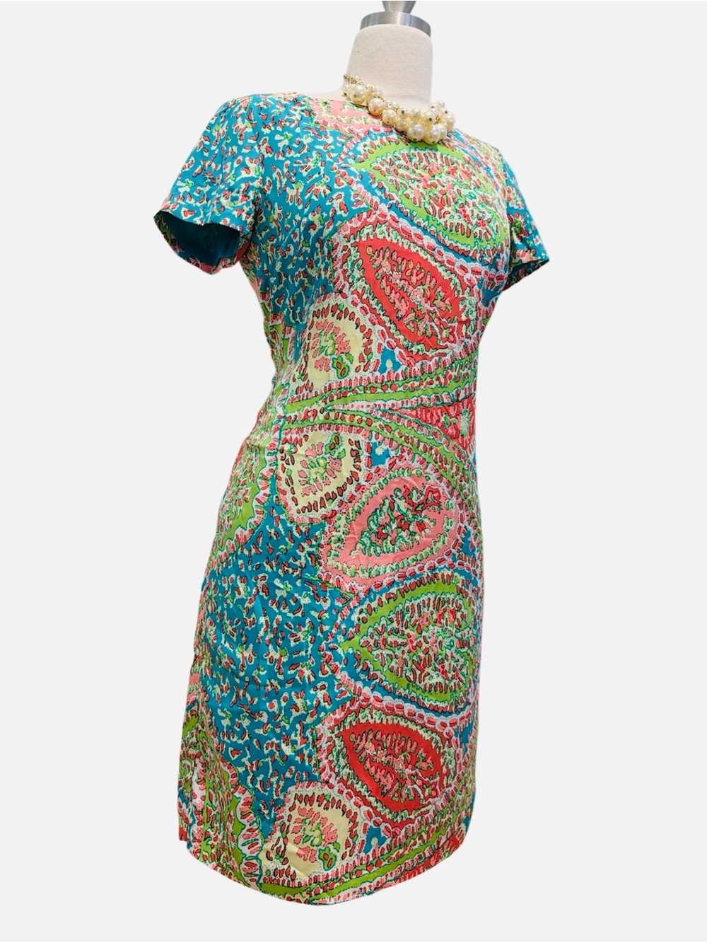 NWOT-TALBOT’S -100% SILK Teal, Coral & Green Paisley Silk Midi Dress